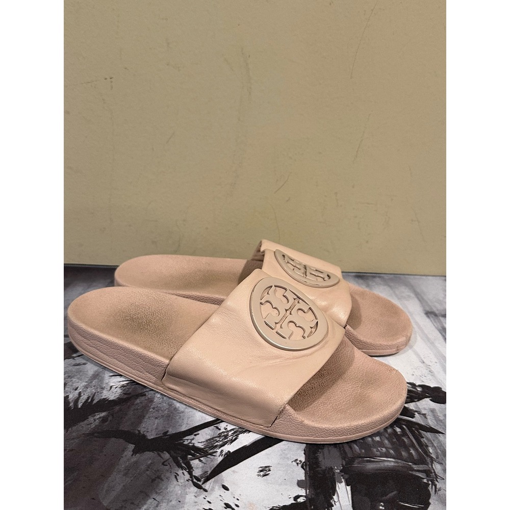 Tory Burch Ines Slide Sandals Taupe Leather Logo Medallion Women’s 8M